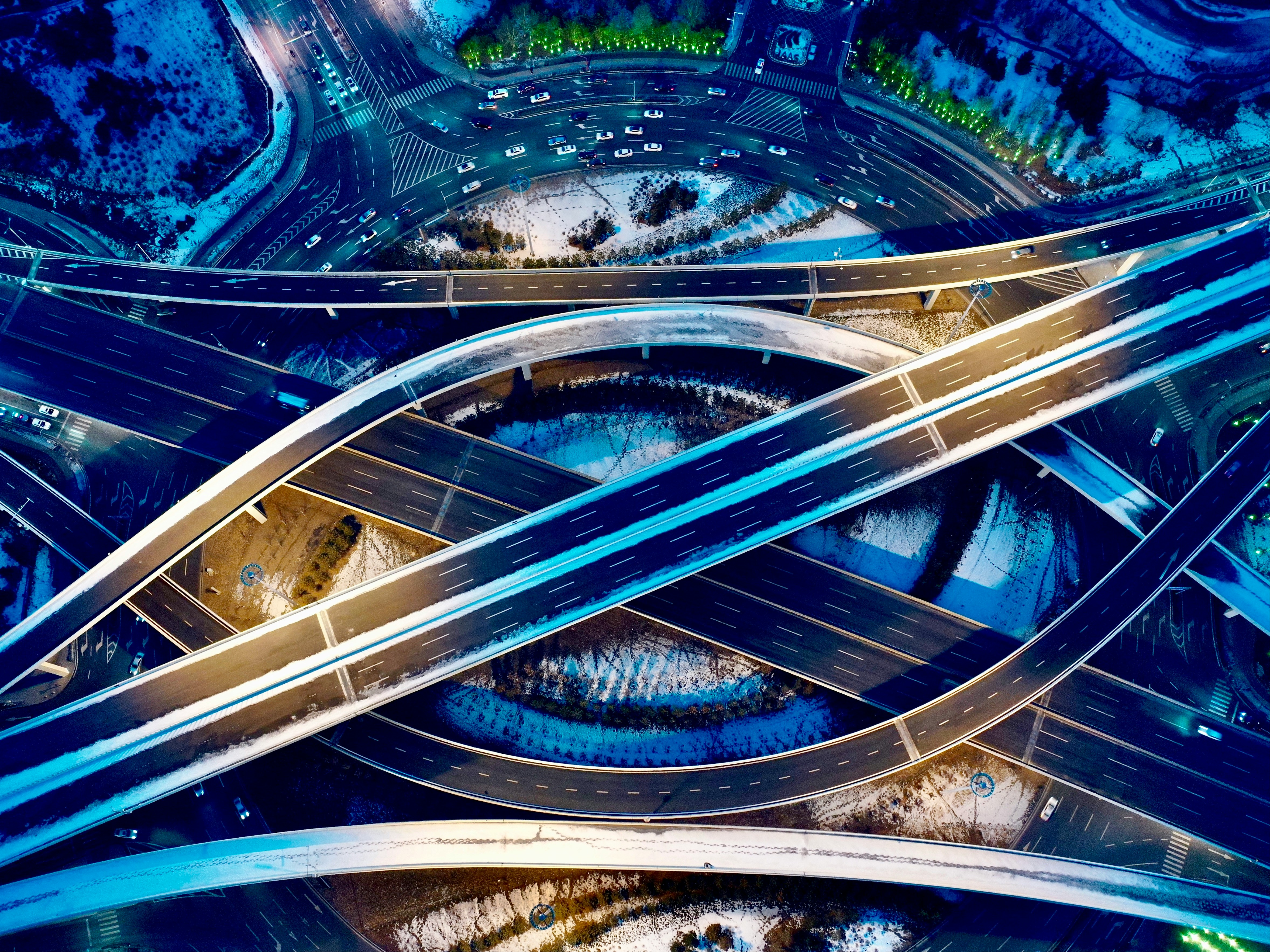 Complex road interchange at night