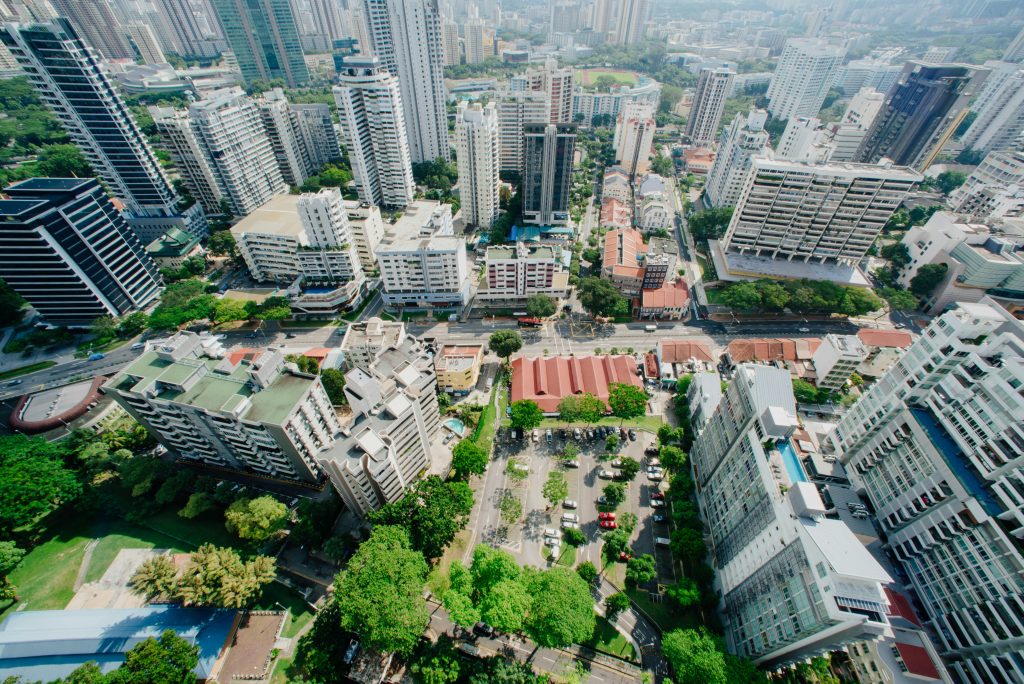 Aerial view of urban cityscape.