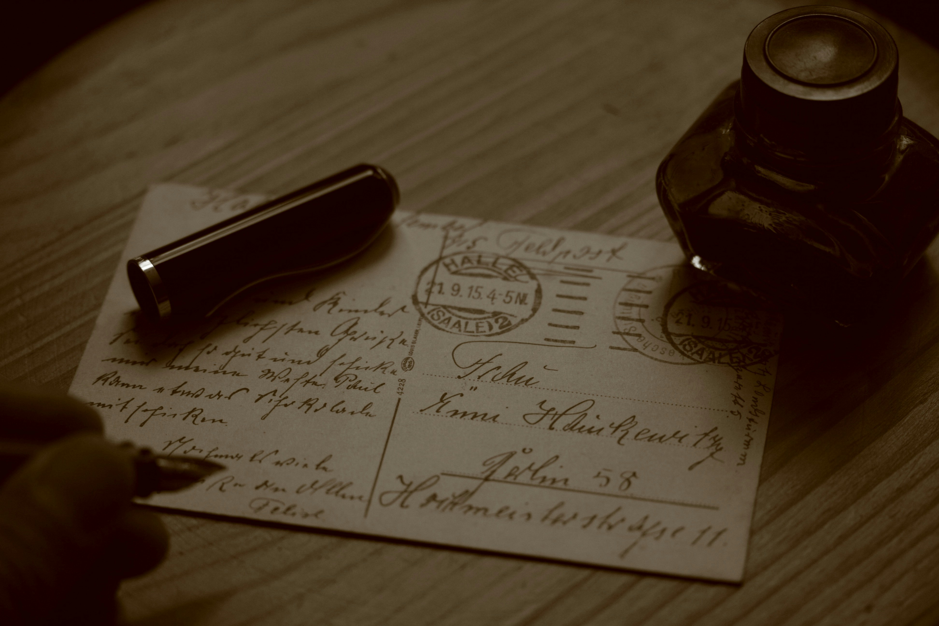 Vintage postcard with ink and pen
