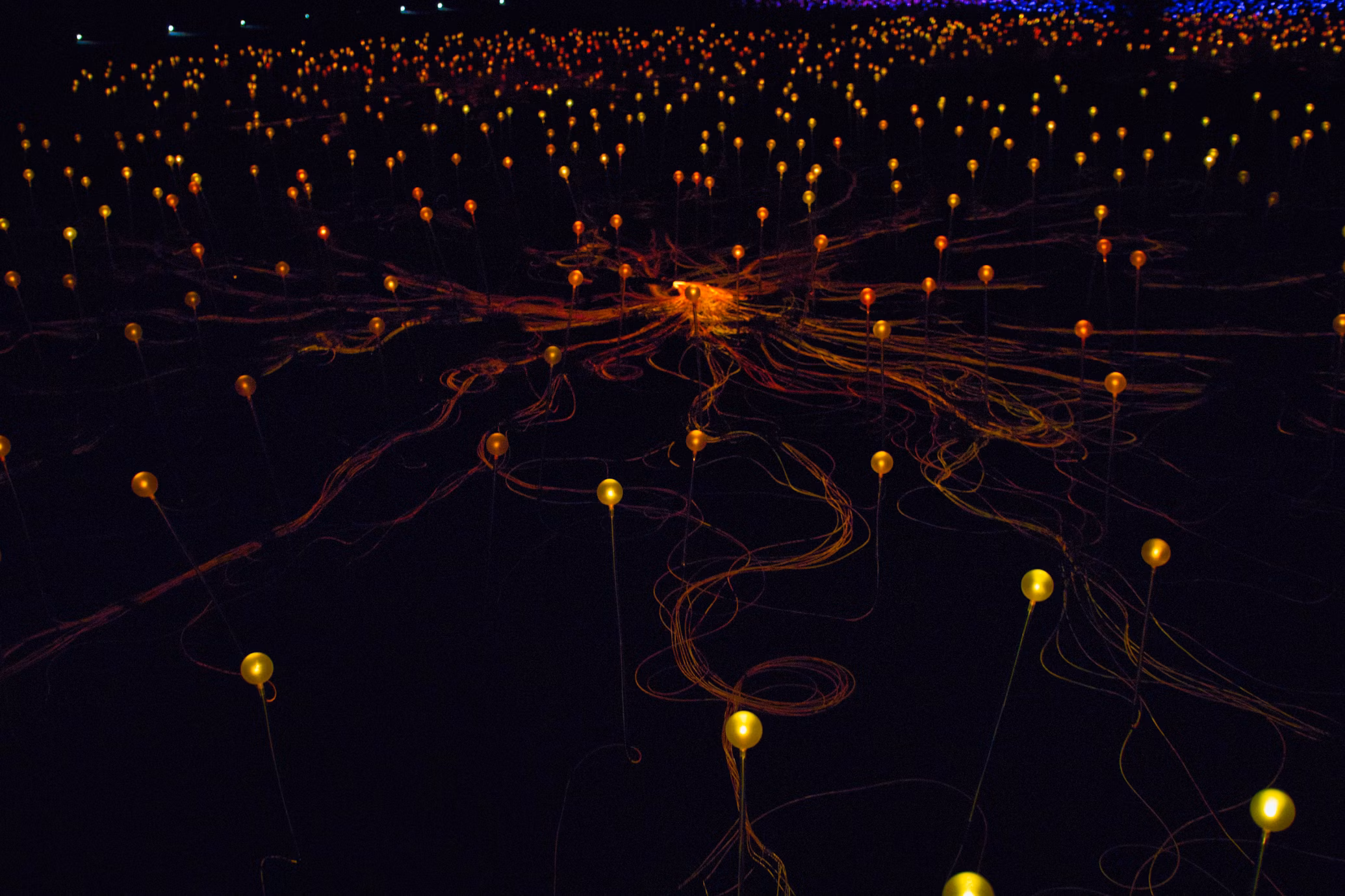 Illuminated orbs in dark landscape.