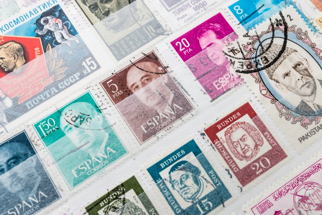 Collection of vintage postage stamps.