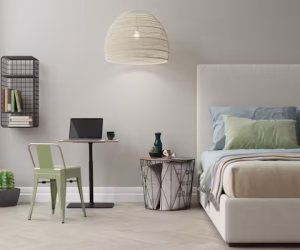 Minimalist bedroom with workspace and greenery.