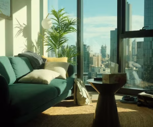 Bright living room with city view.